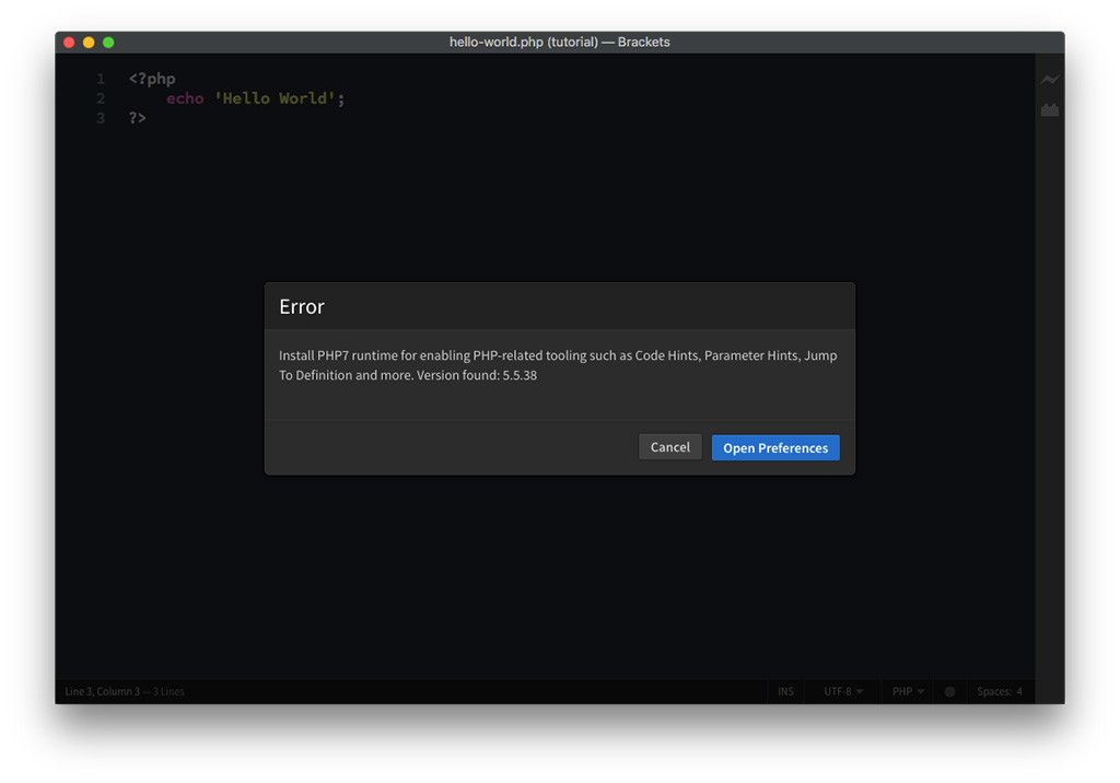 Brackets error: PHP runtime not found.