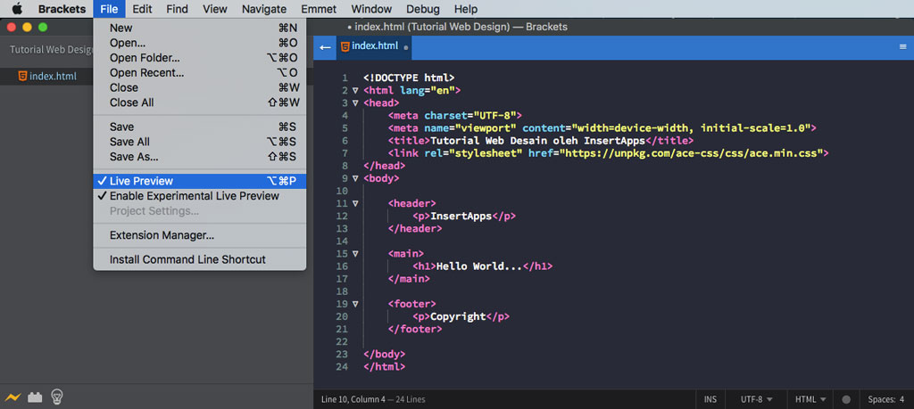 Cara mengaktifkan Live Preview di app Brackets.