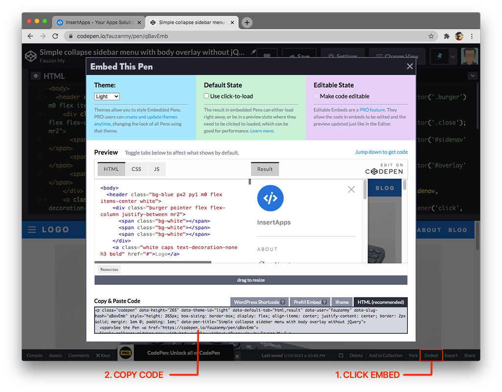 Copy script embed link Codepen