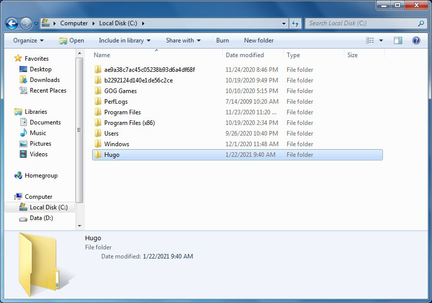 Install Hugo. Create new folder 'Hugo'