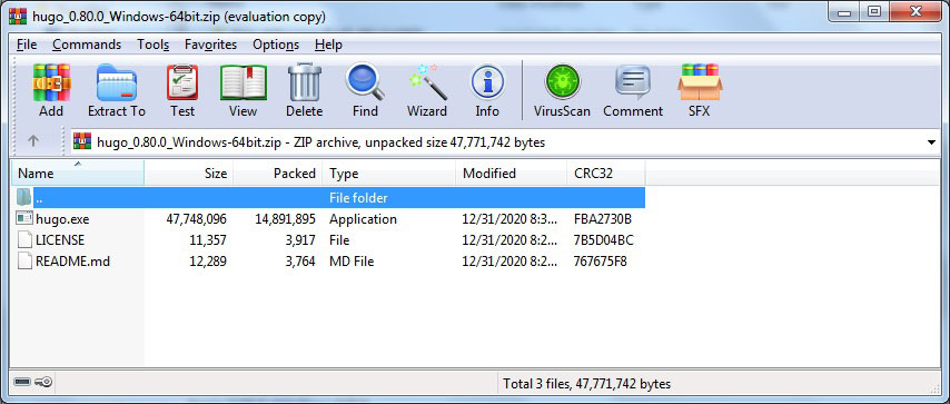 Paket install Hugo di dalam file .zip.
